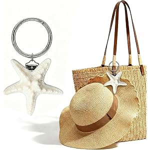 Beach Style Hat Clip for Bag - Portable Purse Hanger & Hat Holder for Backpack, Luggage, Traveling Essentials (White Starfish