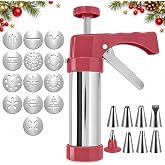 Christmas Cookie Press Gun with 13 Discs & 8 Icing Nozzles | Stainless Steel DIY Cookie Maker, Cake Icing Tool, 13 Cookie Dis