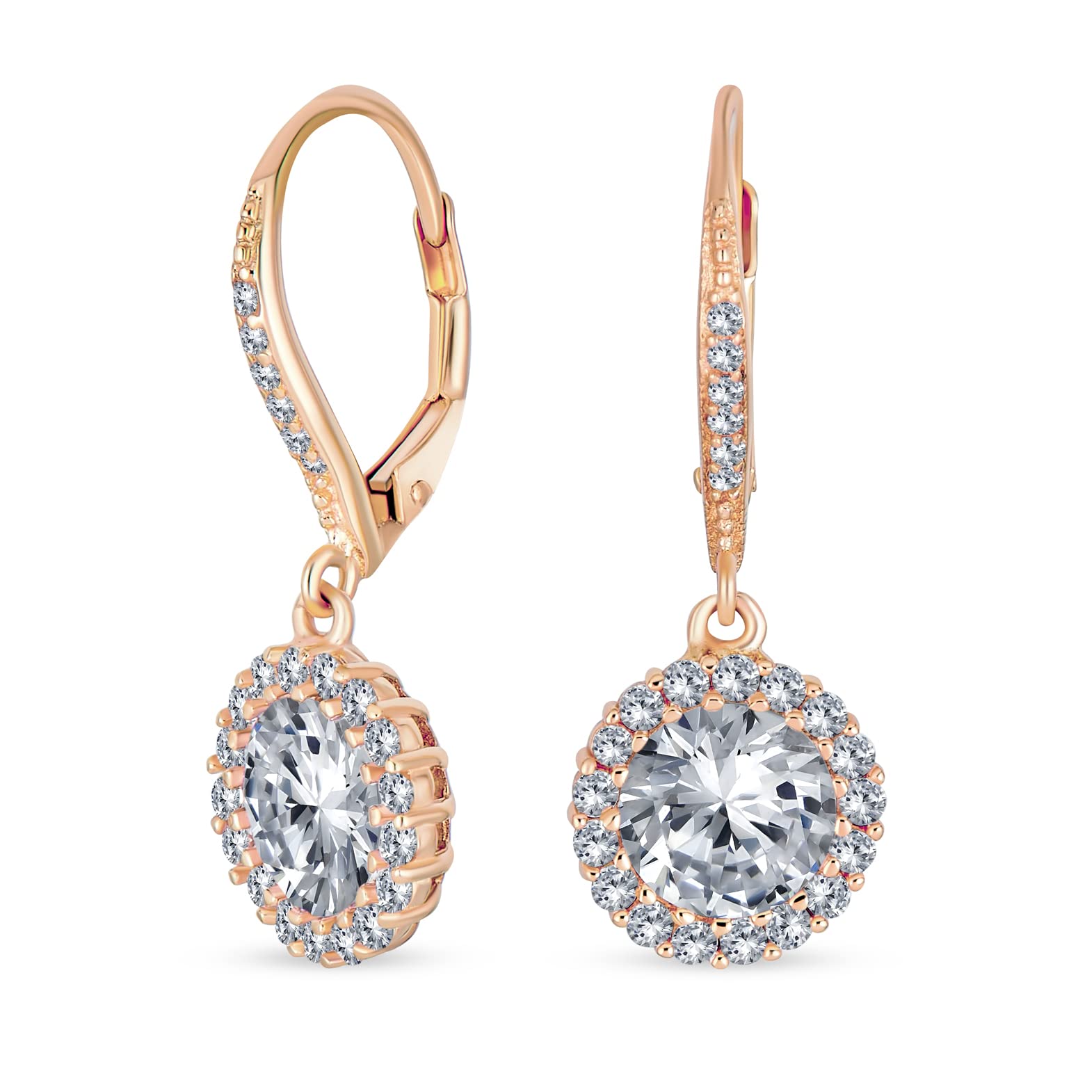 3.5CTW Round Solitaire Halo CZ Leverback Dangle Earrings Cubic Zirconia Rose Gold Plated .925 Sterling Silver