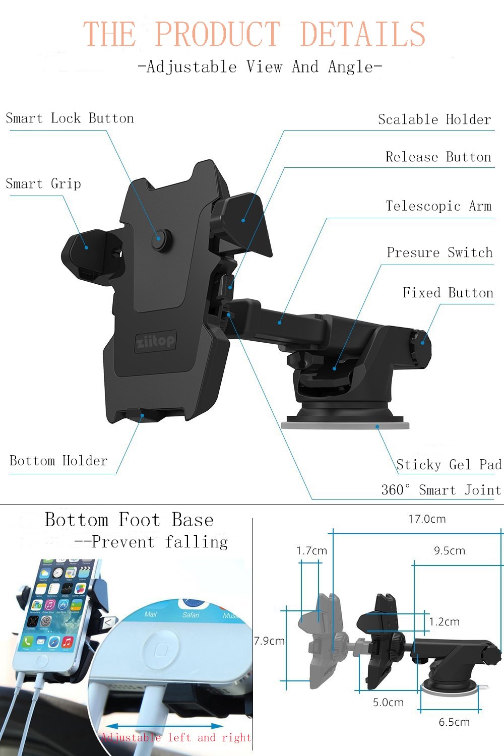 Stable Car Mount Phone Holder,Universal Windscreen Dashboard Mobile Phone Mount Car Cradle Suction Cup Adjustable Long Telescopic Arm with Auto Release for iPhone 7 Plus/7/6S Plus/6Plus/6S/6/5,Samsung Galaxy S8 S7 S6 Note 5/4/3 HTC, Nokia, 