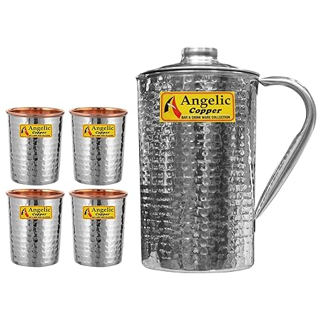 Angelic Copper Steel Hammered Jug with Glasses Set, Set of 4, Brown