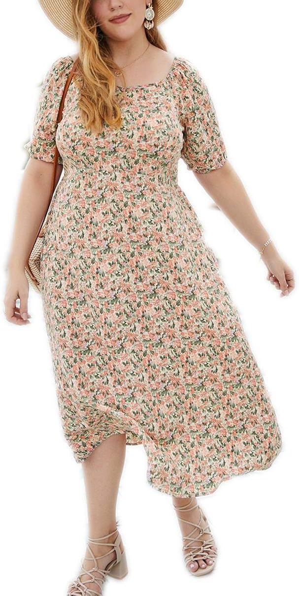 KINGLEN Women's Casual Plus Size Midi Dress, Short Sleeve Floral Printed Ruffle Flowy Party 