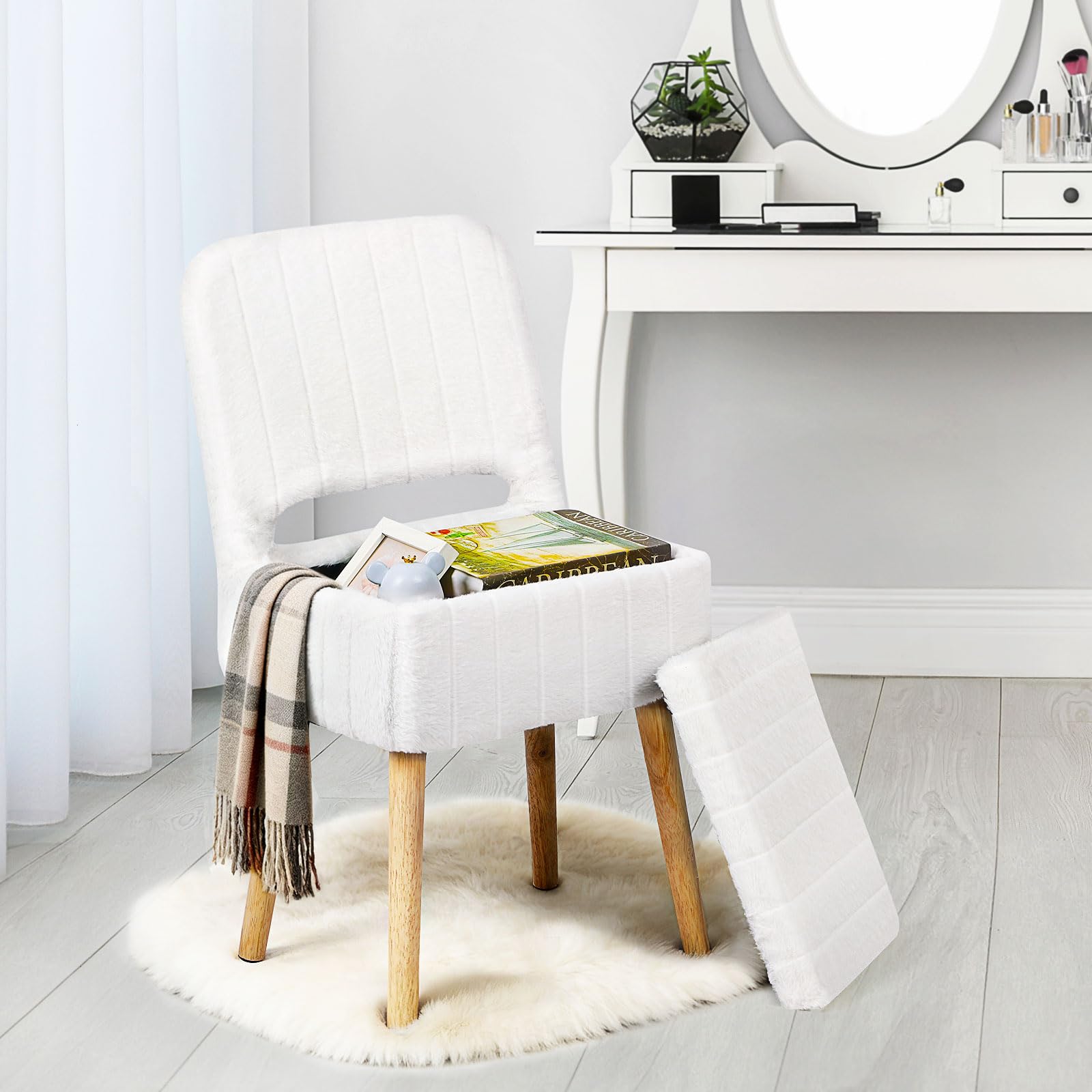 Photo 1 of Nandae Vanity Stool Chair with Storage and Folding Back, Faux Fur Soft Padded Seat Ottoman, 4 Solid Wood Legs with Anti-Slip Feet, Stool for Vanity Desk for Makeup, Bedroom, Dressing Room, White