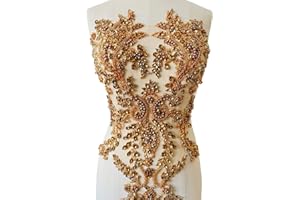 PLUNE Handmade Shiny Rhinestones Applique handsewing Beaded Sequins Crystal on lace Trim Patches for Prom Dress Clothing Decorative Accessories (Champagne)