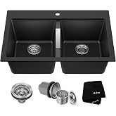 KRAUS Black Onyx 33 in Double Bowl Granite Kitchen Sink KGD-433B | Quartz composite with metallic particles, heat-safe, non-porous surface resists stains, 50/50 double bowl split
