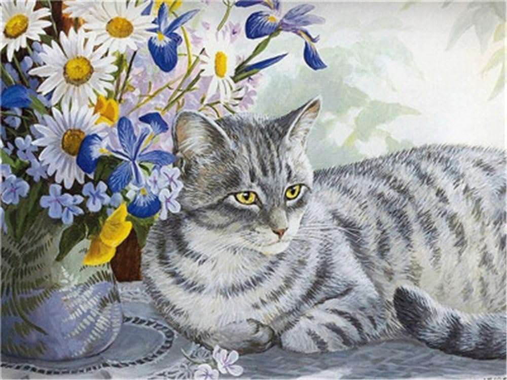 Paint by Numbers Kits DIY Oil Painting Home Decor Wall Value Gift- Flower and cat 16X20 Inch (No Frame)