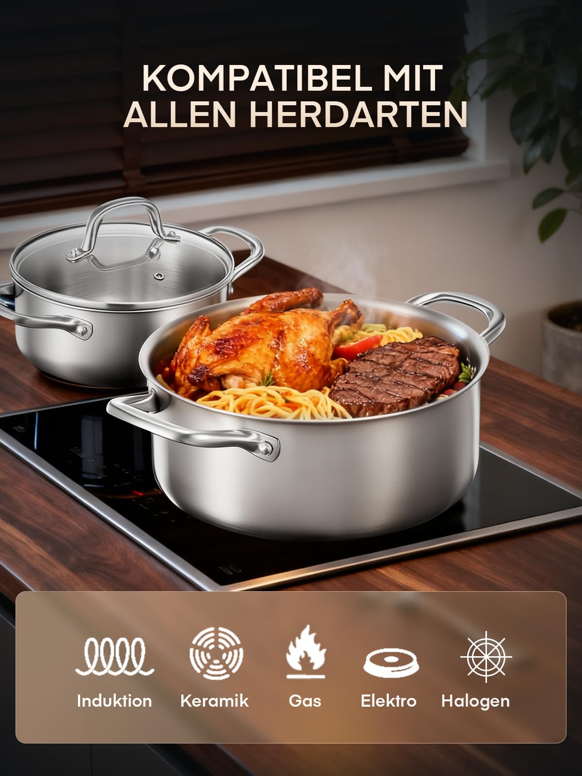 Topfset Edelstahl 3-PLY, 15-tlg Premium Induktions Töpfe Set Induktionsgeeignet für alle Herdarten, mit Dünsteinsatz & 5-Teilig exklusivem Löffelzubehör, unbeschichtet, für Camping und Wohnung 4