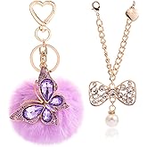 YILANFULL 2 Pack Cute Keychains for Women: Rhinestone Butterfly Pom Pom & Bow Bag Charms - Purse Accessories(Fits Bogg Bags)