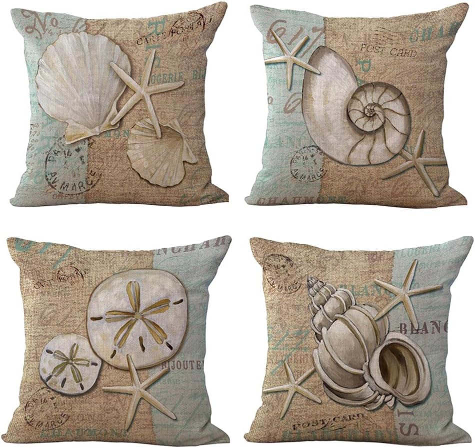 WOMHOPE Set of 4 Throw Pillow Covers Vintage Coastal Nautical Beach Shell Pillow Cases Square Cushion Cases Burlap Toss 18 x 18 Inch for Living Room,Couch and Bed (Light Khaki)