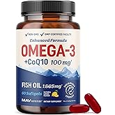 Omega 3 Fish Oil + Co Q10 | 1305MG Omega-3 with CoQ10 100MG for Heart Health, Cellular Energy, and Antioxidant Support | Co Q 10 + Omega3 | Coenzyme Q10 Fish Oil Supplements | Non-GMO | 60 Ct