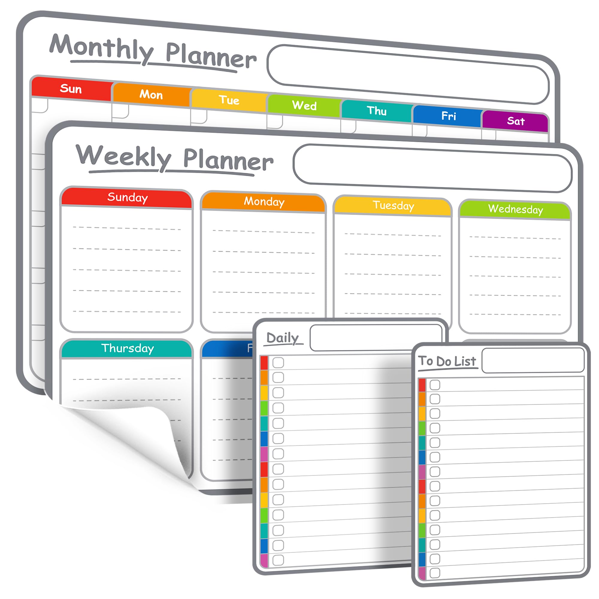 4-Pack Non-Magnetic Whiteboard Calendar Set – Monthly, Weekly, Daily, to-Do List Planner – Dry Erase Board for Fridge, Wall, Glass, Door – Family, Office, Classroom Schedule Organiser