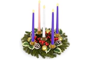 Waipfaru 6 Pcs Christmas Advent Wreath Advent Candle Holder with 5 Flameless Simulated Candles, 12 Inch Advent Wreath and Candles Set, Christmas Centerpiece Decorations for Table Indoor Home Church