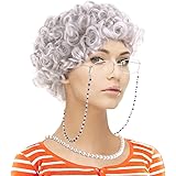Old Lady Costume Set-Grandmother Wig,Wig Caps, Madea Granny Glasses, Eyeglass Retainer Chain,Pearl Necklace(5 Pieces)