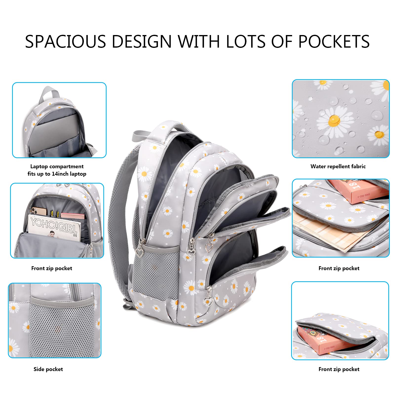 goldwheat Daisy Printed Backpacks With Lunch Pack Pencil Case 3pcs, Lightweight Water Resistant Bookbag For Middle School