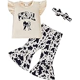 VSQWLZT Infant Toddler Baby Girl Western Clothes Fly Sleeve Shirts + Cow Print Flare Pants + Headband 3Pcs Summer Outfits