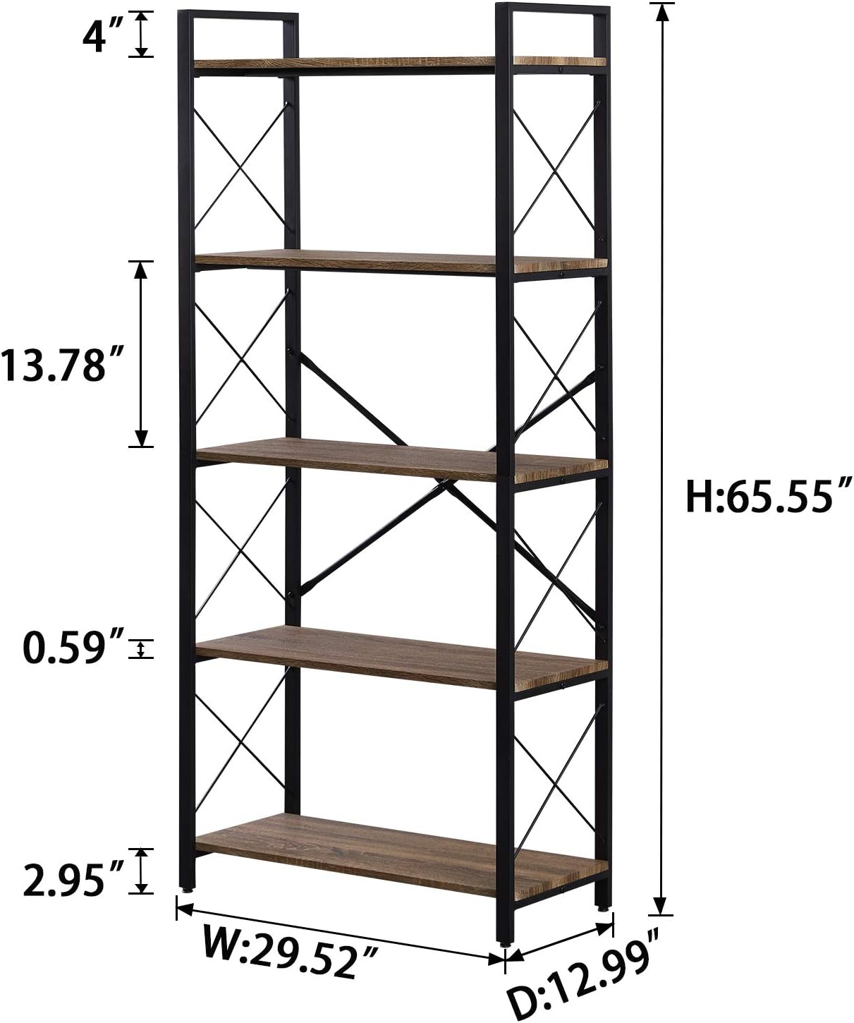 OIAHOMY Industrial Bookshelf，5-Tier Vintage Bookcase and Bookshelves，Rustic Wood and Metal Shelving Unit，Display Rack and Storage Organizer for Living Room, Brown Oak: Kitchen & Dining