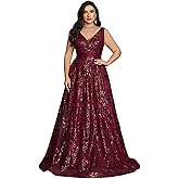 BluePlum Plus Size Formal Dresses for Women with Embroidery Sequin and V-Neck, A-Line Maxi Dress for Wedding and Cocktail
