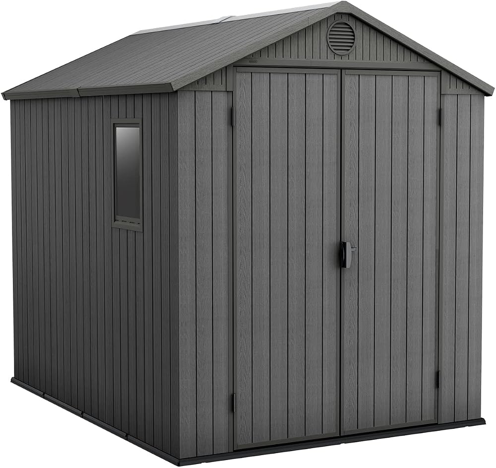 Keter Darwin 6x8ft Apex Grey Garden Shed Evotech+ Wood Look Double Door All