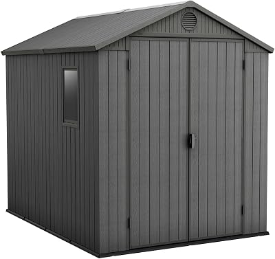 Keter Darwin 6x8ft Apex Grey Garden Shed Evotech+ Wood Look Double Door All