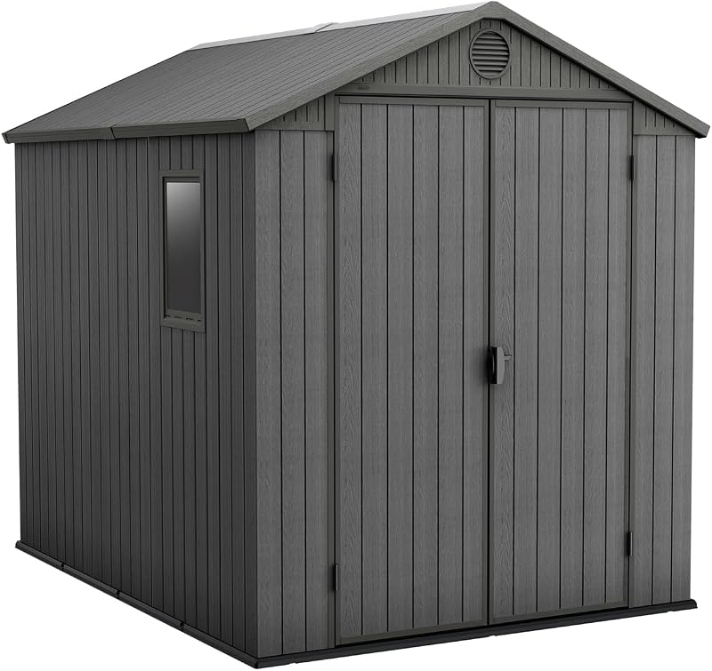 Keter Darwin 6x8ft Apex Grey Garden Shed Evotech+ Wood Look Double Door All