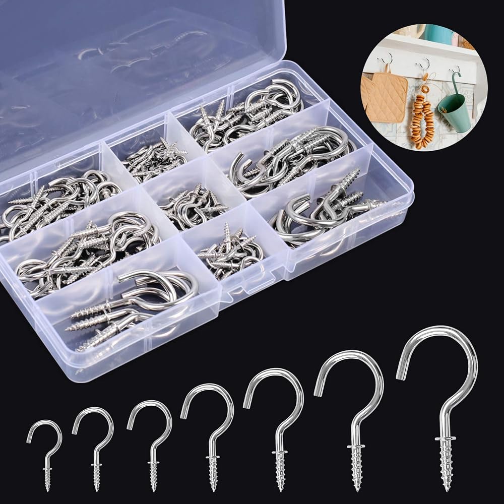 Hoiny Screw Hooks 7 Sizes 120 Pcs Nickel Plated Cup Hooks Cabinet Shelf