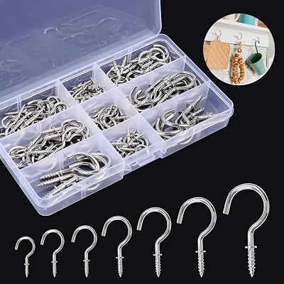 Hoiny Screw Hooks 7 Sizes 120 Pcs Nickel Plated Cup Hooks Cabinet Shelf