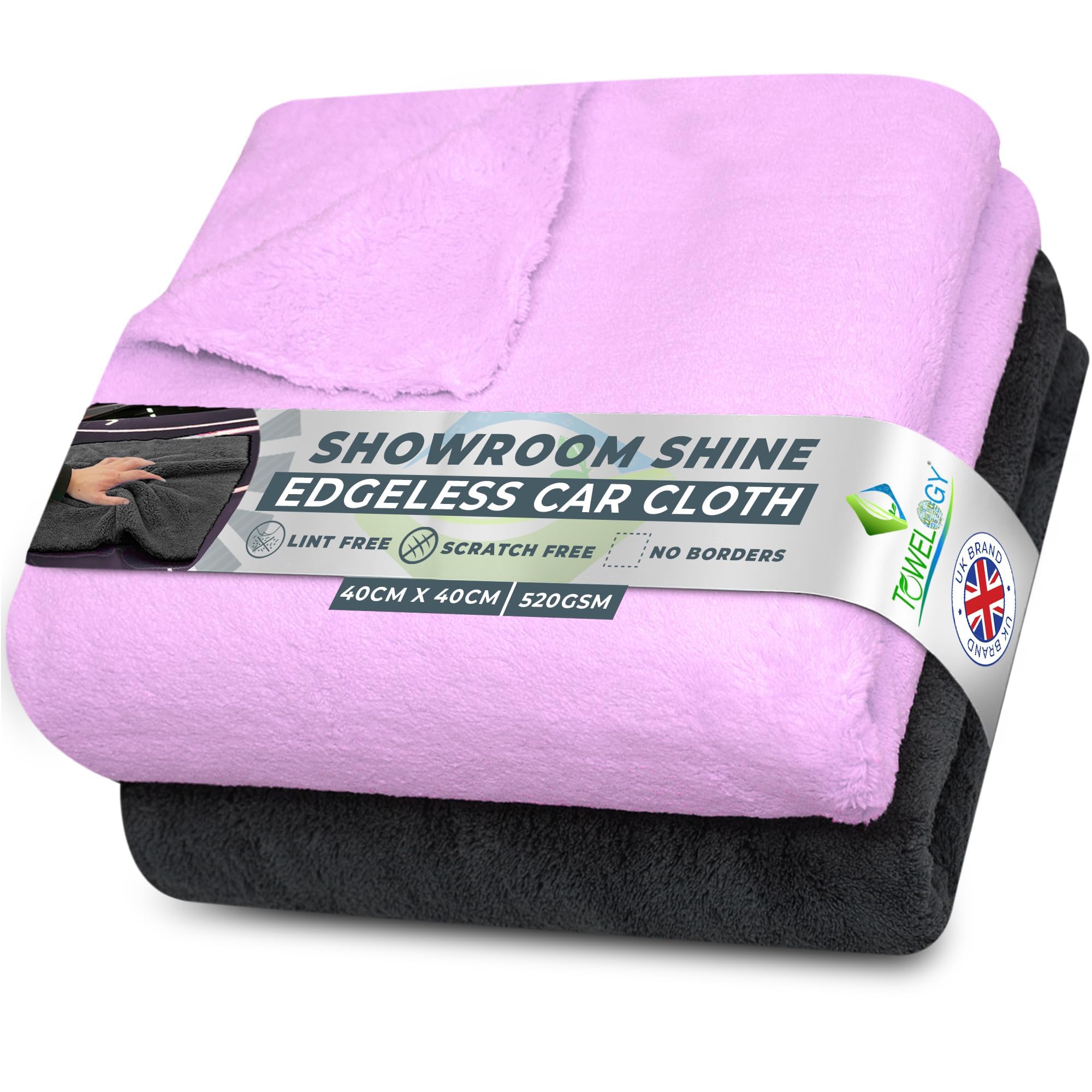 Towelogy® 520gsm Professional Microfibre Edgeless Car Cloths QUICK DRY for Auto/Moto Detailing Polishing Washing STREAK FREE & LINT FREE 40x40cm (Grey/Lilac Purple, Pack Of 2)