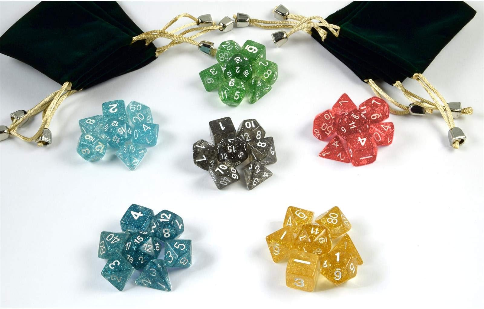 shibby 42 polyhedral dice for role and tabletop games in 6 different glittering colours with 6 bags 60014410 colours set