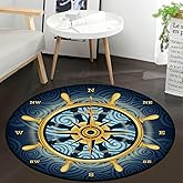 keepcute Blue Compass Rose Non-Slip Doormat Gold Nautical Theme Non-Slip Floor Mat Round Area Rug Carpet for Bedroom Living R