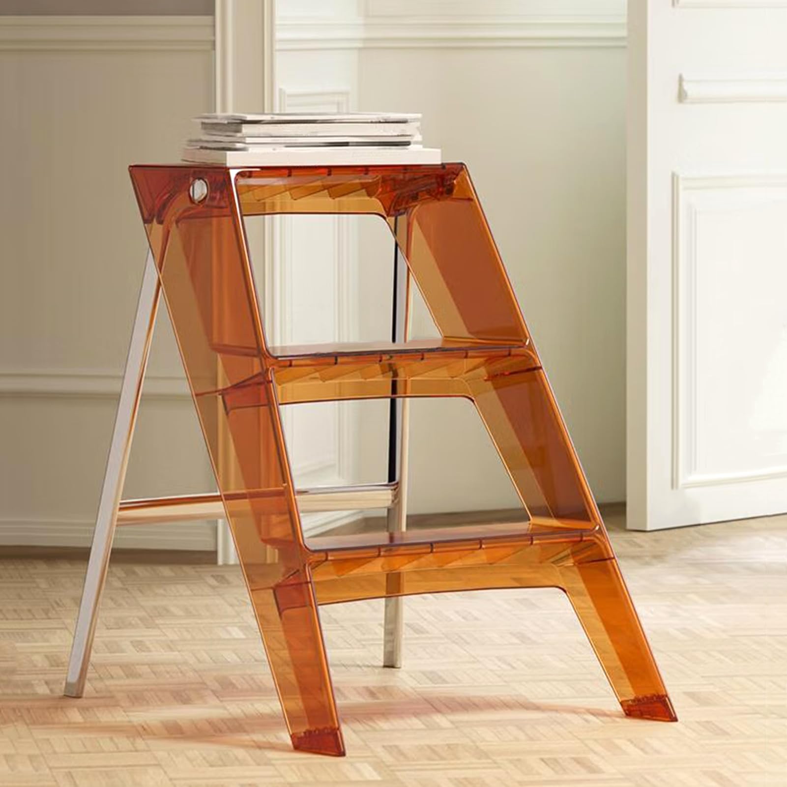 Photo 1 of Acrylic Step Ladder, 3 Step Folding Orange Step Stool for Adults, Decorative Modern Foot Stool, Display Storage Shelf Flower Rack, Photography Props