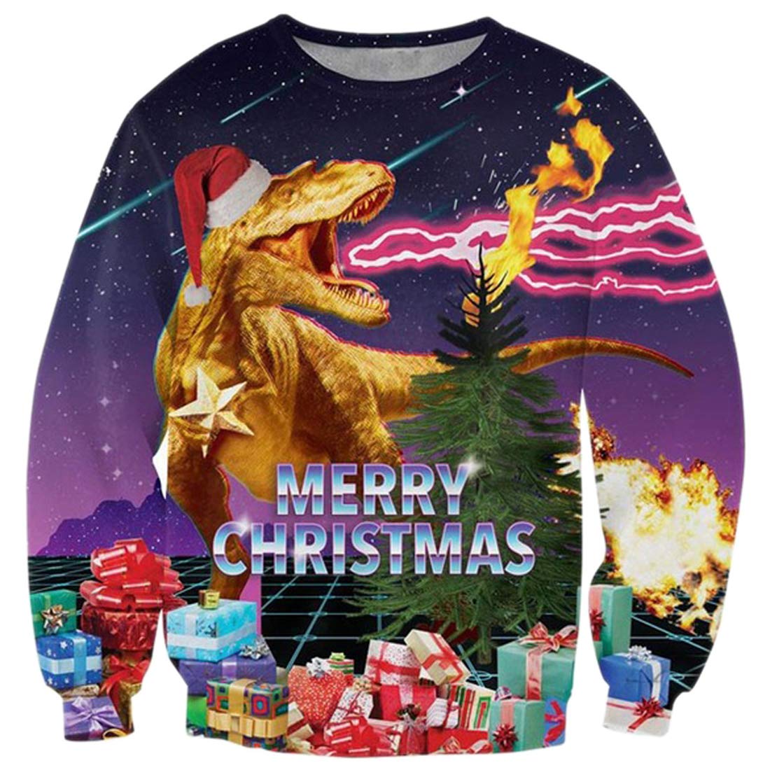 TUONROAD Ugly Christmas Sweatshirt Fashion Christmas Sweatshirt Pullover Novelty Xmas Festival 3D Print Spitfire Dinosaur Long Sleeve Jumper
