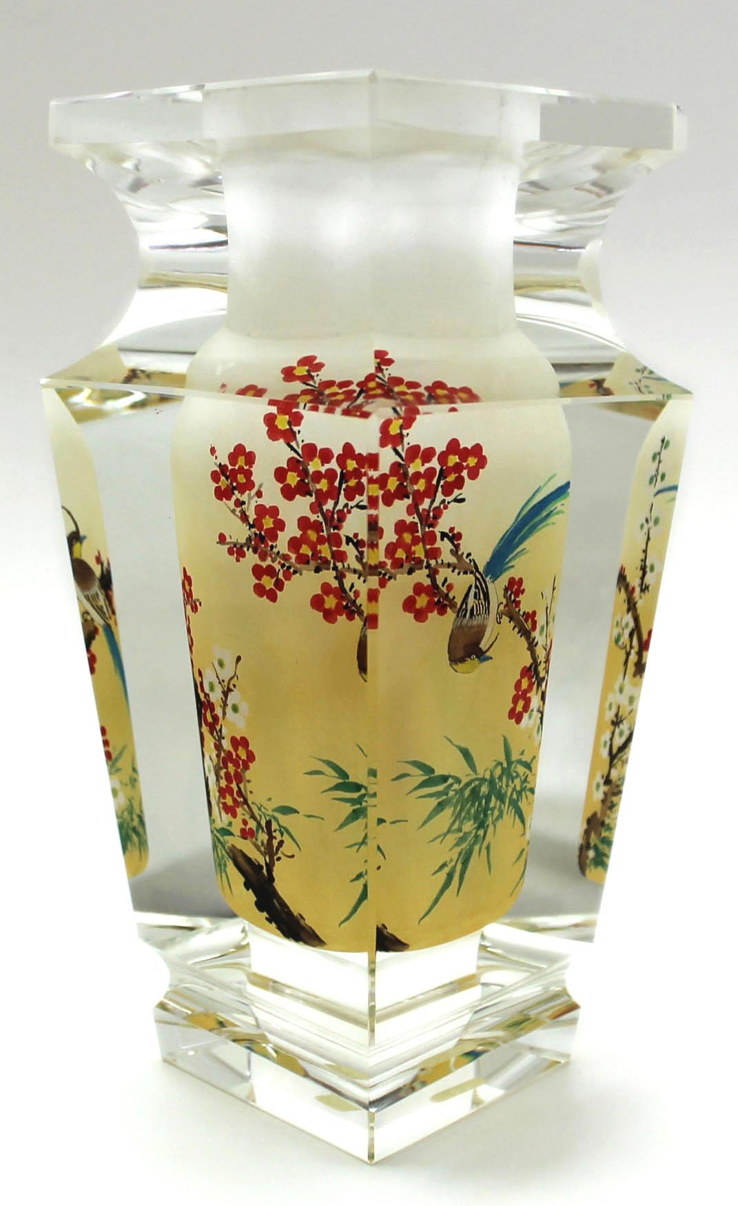 Cherry Blossom Forest Hand-Painted Crystal Flower Vase - 6.5" Tall Tapered MultiFaceted Column Art Glass Collectible Bud Vase