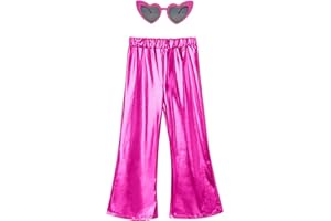 Perfashion Girls' Shiny Metallic Flared Pants Festival Dance Pants Disco with Sunglasses Wide Leg Trousers 6-15 Years