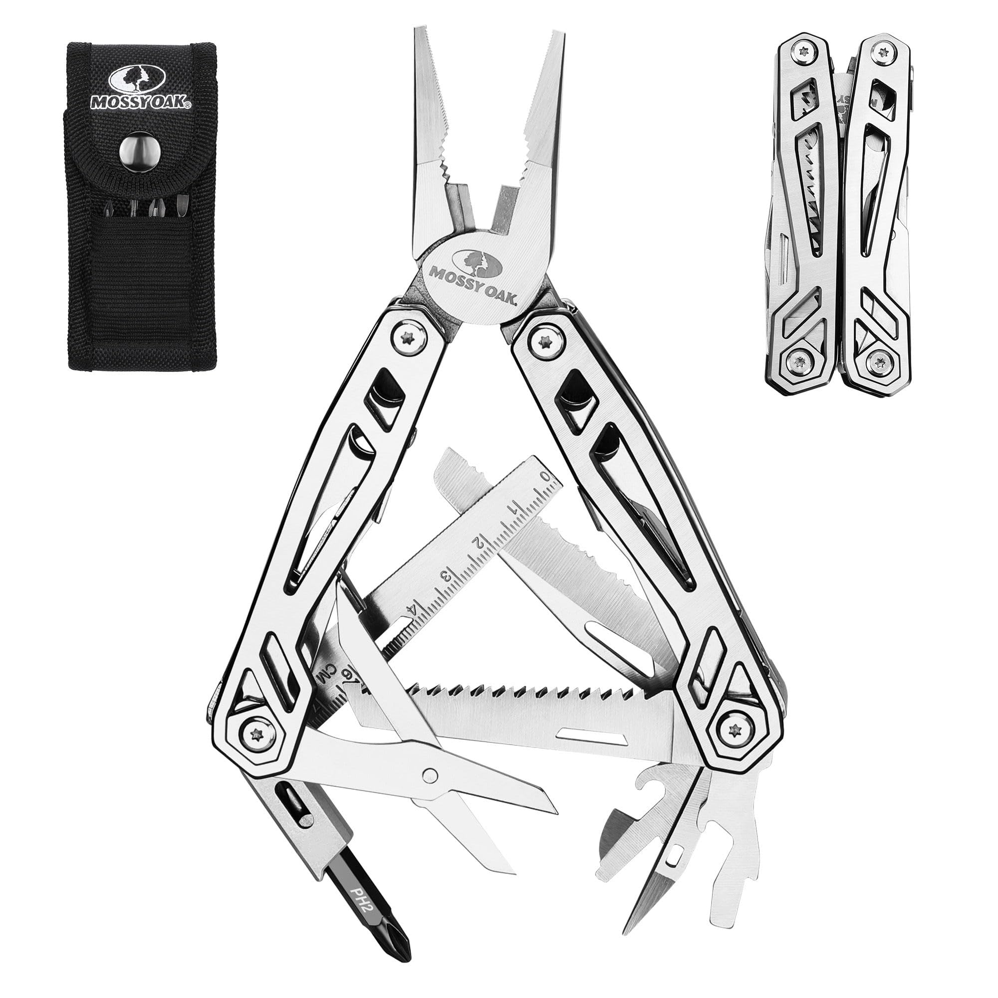 Mossy Oak 22-in-1 Multi-Tool Pliers Includes Carry Bag, Stainless Steel Multifunctional Tool Featuring A Wire Cutter, Bottle Opener, and Screwdriver, Perfect for Camping and Maintenance, Metallic