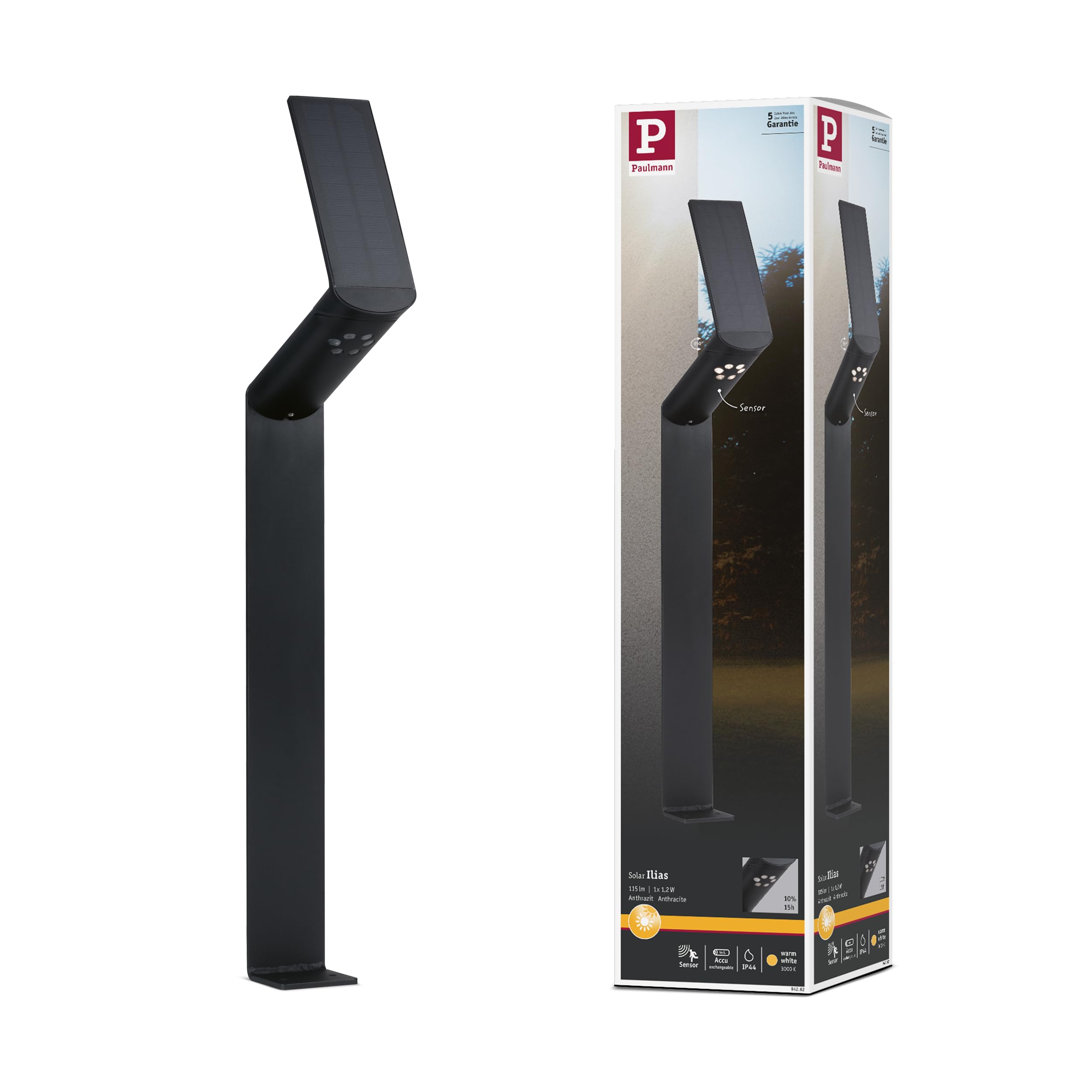 Paulmann 94262 Ilias Solar Bollard Light LED Outdoor luminaire Rectangular incl. 1x1.2 watt Anthracite Plastic 3000 K Warm White