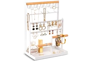 ProCase Jewelry Organizer Stand Necklace Organizer Earring Holder, 6 Tier Jewelry Stand Necklace Holder with 15 Hooks, Jewelry Tower Display Rack Storage Tree for Bracelets Earrings Rings -White