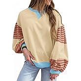 Fisoew Womens Color Block Oversized Sweatshirt Casual Lantern Long Sleeve Crewneck Striped Pullover Tops Fall Outfits