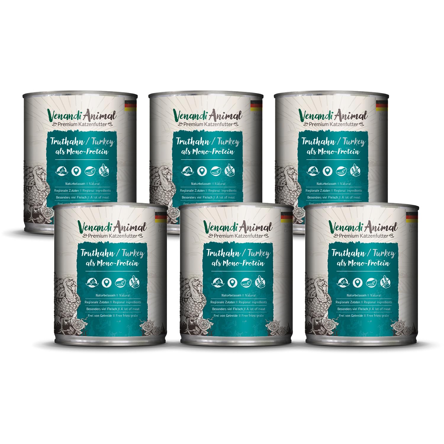 Venandi Animal Premium Cat Food, Turkey as Monoprotein, Wet Food, Grain-Free and Natural, Pack of 6 (6 x 800 g)