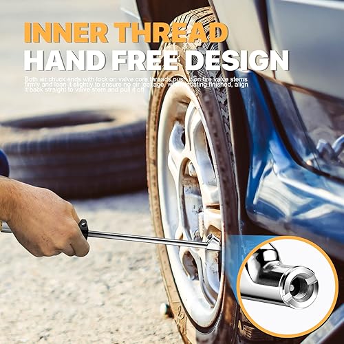 Screw Tire Plugs 2 Pack 12" Extended Reach Dual Head Air Chuck, 2-Way Connection 1/4" FNPT Straight Foot Lock On Tire Inflate Chuck, Tire Chuck W/Quick Plug, Air Compressor Fill Kit For