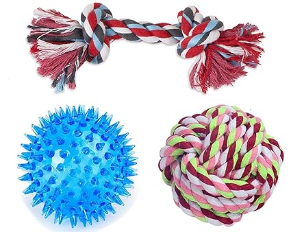 PETS EMPIRE 2 Knot Rope Toy LED Spike and Squeaky Chew and Puppy Cotton Ball for Small Dogs (Combo of 3)