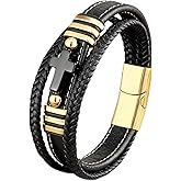 VA JENT Cross Leather Bracelet, For Men Multilayer Braided Memorial Wristband Bangle Stainless Steel Buckle Religious Activities Holiday Gifts