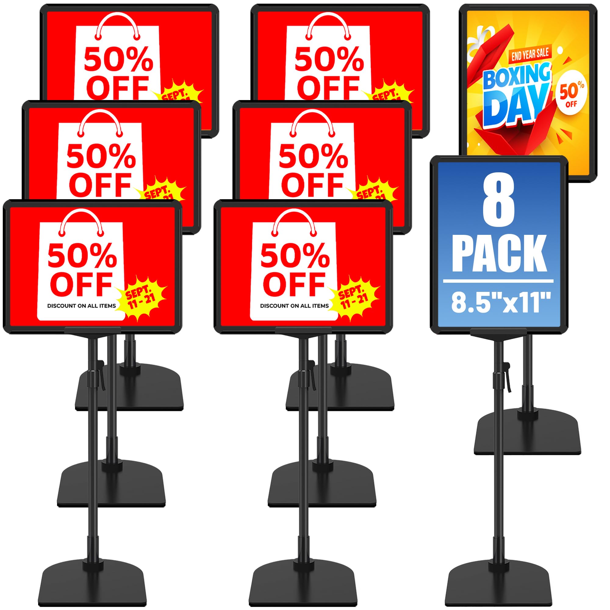 Photo 1 of VAIIGO 8Pack Sign Holder Stand for Display 8.5 x 11, Adjustable Poster Stand for Table Top & Floor, Floor Standing Sign Holder, Signage Stands for Business, Market, Retail, Store Display Stands