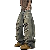 DFGIGT Hip Hop Baggy Jeans for Men with Hole Distressed Wide Leg Skater Jeans Loose Fit Denim Pants Streetwear