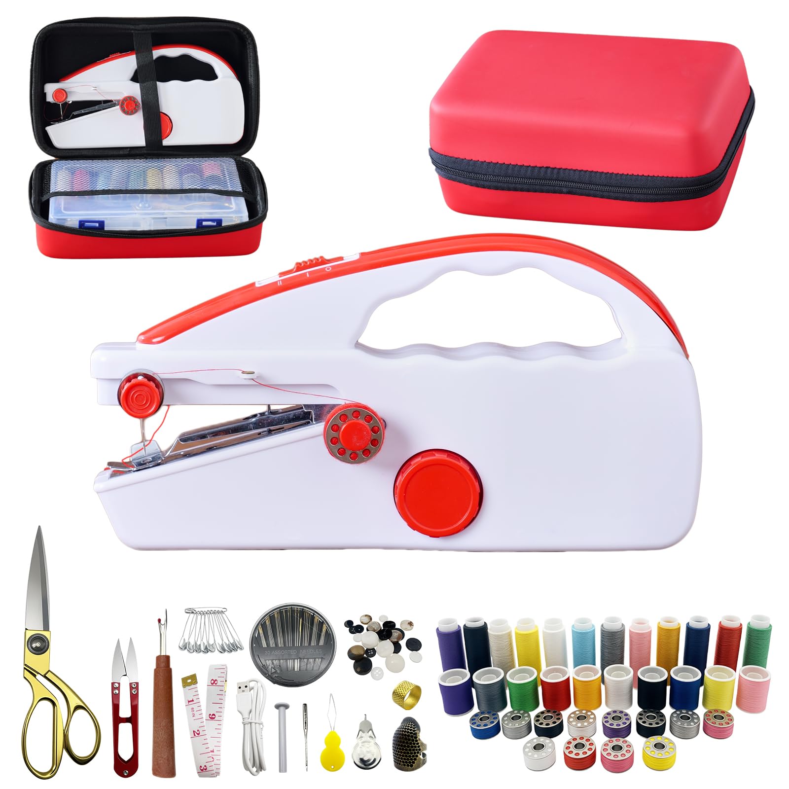 Photo 1 of Handheld Sewing Machine Heavy Duty, with Red Leather Storage Case and 110-Piece Sewing Kit, Mini Portable, Ideal for Adults & Beginners, Complete Set of Quick Home Clothing Repair Tools, Good Gift