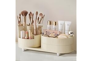 XING ZHONG Rotating Makeup Organizer for Vanity,2-Tier Makeup Countertop Organizer with Makeup Brush Holder,Large Capacity Cosmetic Storage Cases for Perfume Jewellry Lipstick,Bathroom Organizer