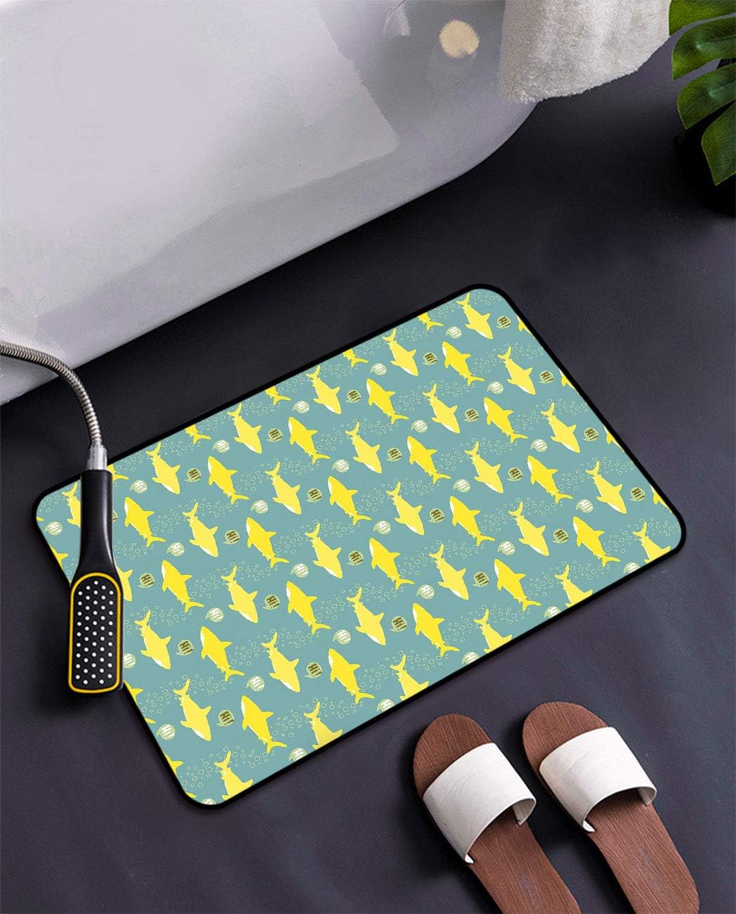Shark Front Door Mat, Yellow Silhouettes Saying Hi Great Fish with Friendly Representation Low-Profile Floor Mats for Home Indoor, 20" W x 31" L Yellow White Pale Sea Green