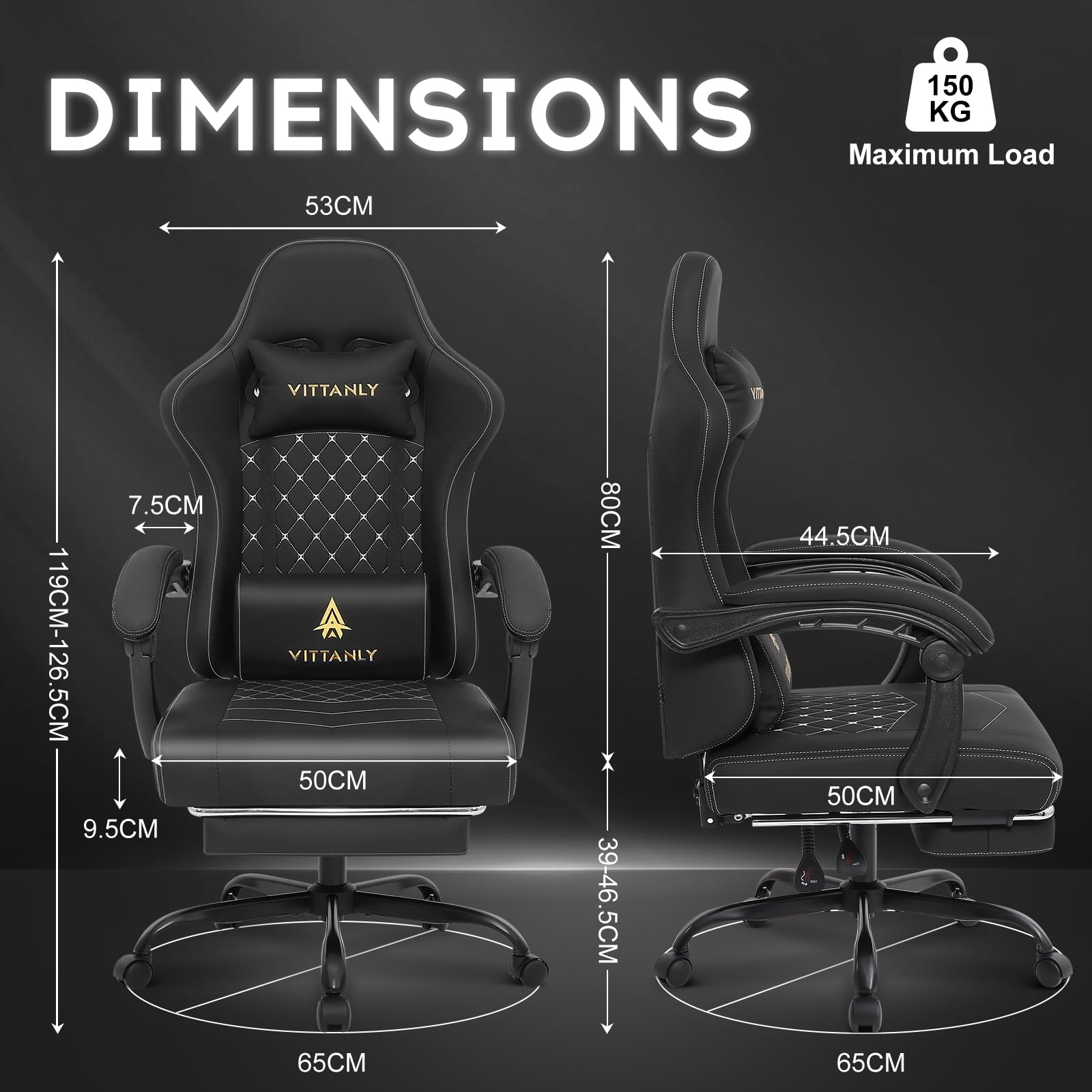 Vittanly Gaming Stuhl mit Frühling Kissen, Ergonomischer Gaming Chair Gamer Stuhl mit Kopfstütze, Lendenkissen und Fußstütze, Höhenverstellbarer Drehbarer Gaming Sessel Bürostuhl 150 kg, Schwarz 7