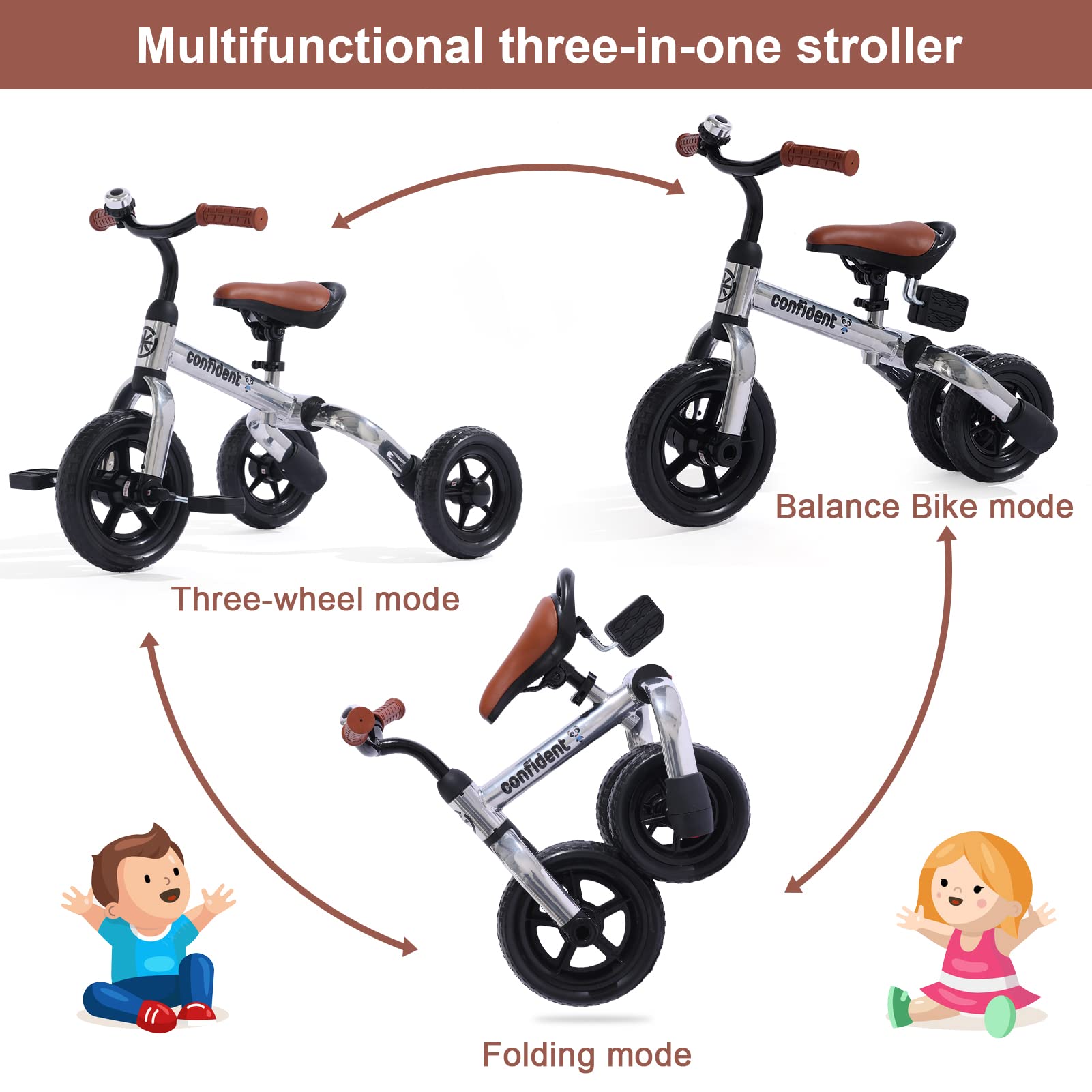 Ancaixin 3 in 1 Toddler Tricycles for 2-5 Years Old Boys Girls with Adjustable Seat Detachable Pedal and Bell, Foldable Baby Balance Bike Riding Toys, Kids Birthday Christmas New Year Gift (Silver)