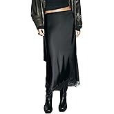 Aonoapll Women Satin Lace Long Skirt Elastic Waist Silky Lace Trim Midi Skirt Y2k Half Slip Maxi Skirts for Under Dress