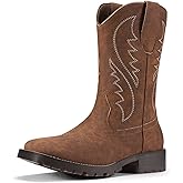 Rollda Cowboy Boots for Men Western Boots Men's Square Toe Chunky Heel Mid-Calf Boots Classic Embroidered Pull On Boots Brown Size 10.5